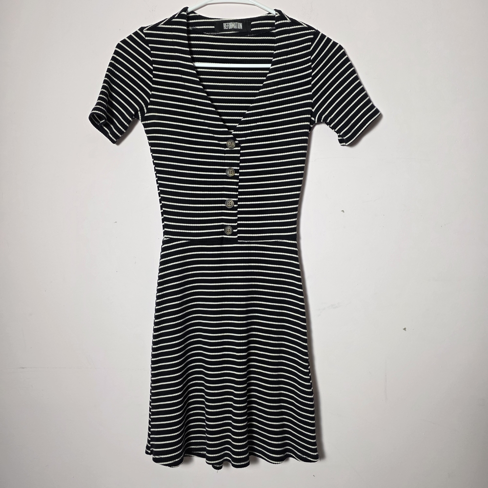 Reformation Cardinal Dress XXS Black White Stripe Ribbed Button Front Mini Dress